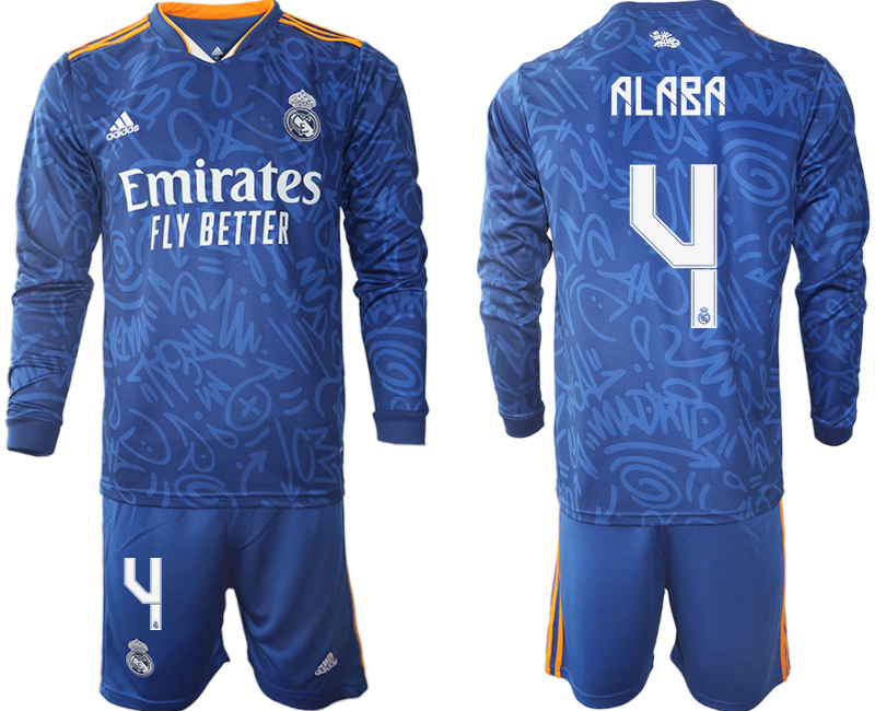 Men 2021-2022 Club Real Madrid away blue Long Sleeve #4 Soccer Jerseys->real madrid jersey->Soccer Club Jersey